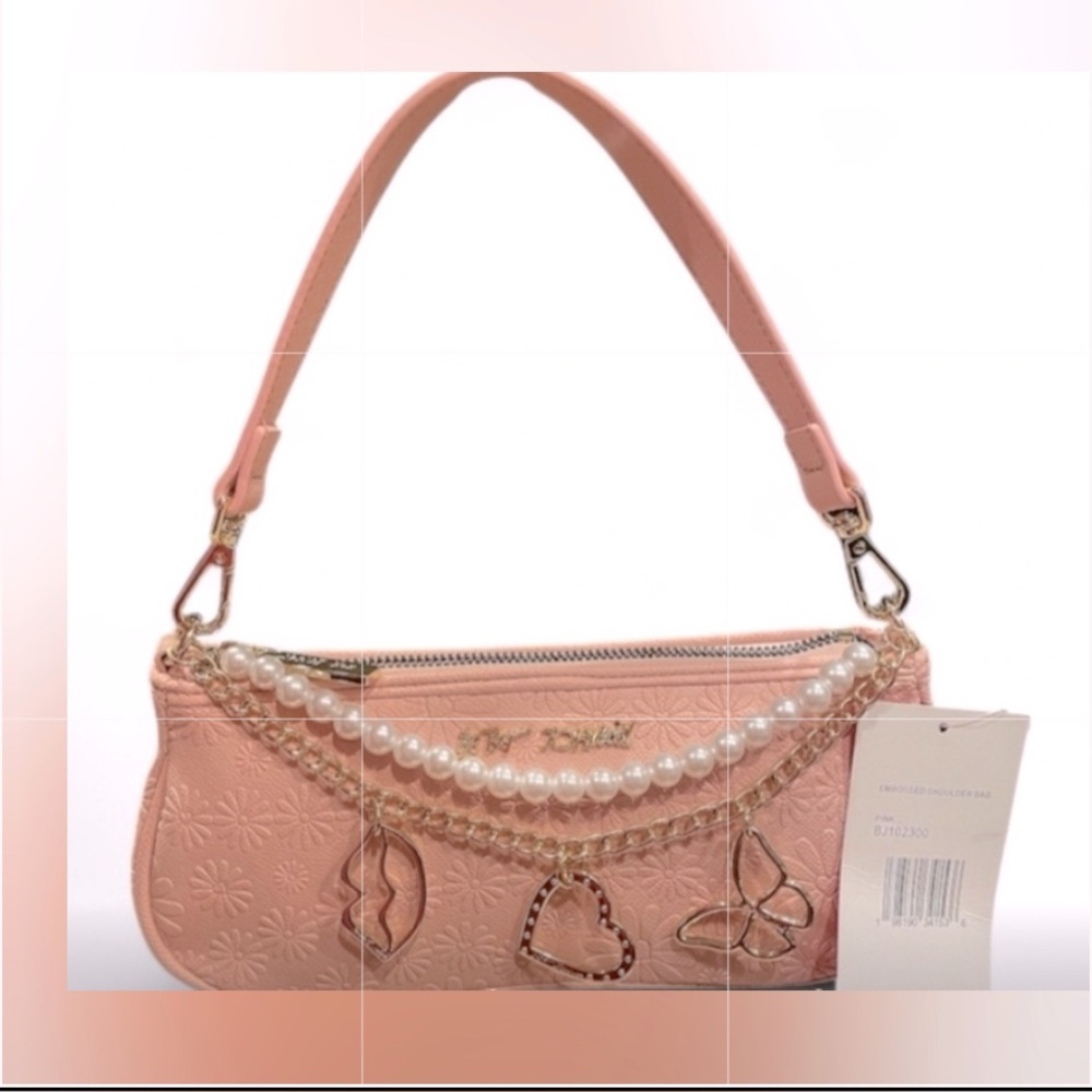 Betsey Johnson💘Rare🎀Pink Embossed Shoulder Bag with Gold Charms & Pearl Accent💋🥰